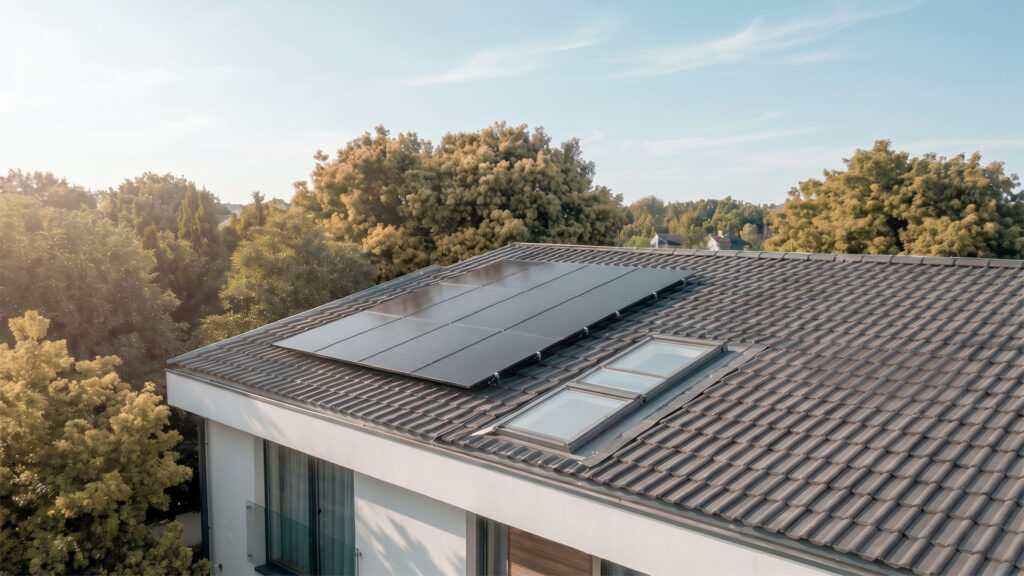 Abitazione residenziale in Ticino con impianto fotovoltaico integrato sul tetto, fotografata in luce naturale con le montagne sullo sfondo.